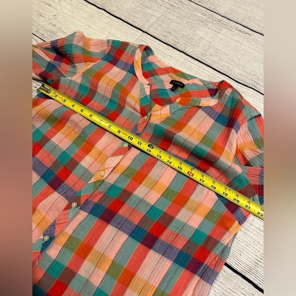 Talbots Gauzy Colorful Check Plaid Blouse Button Up Long Tab Sleeve Size Medium - Picture 8 of 8